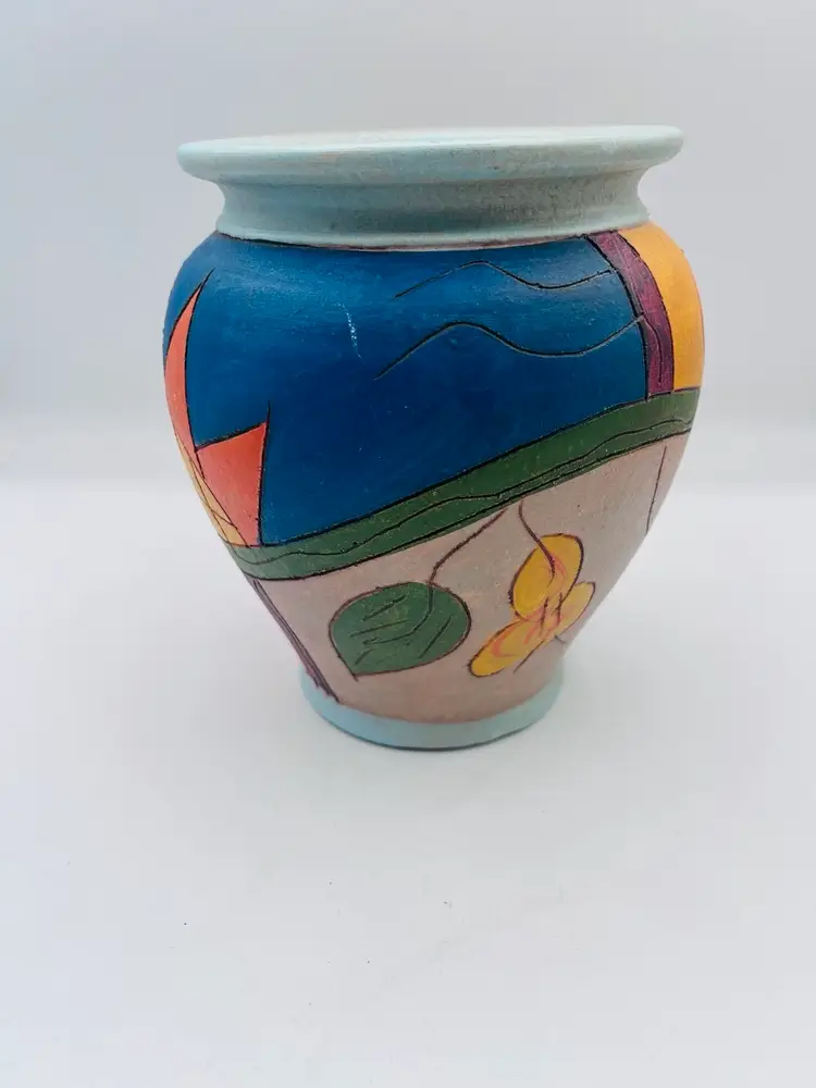 Pottery- Clay Handmade Vase Eclectic Free Spirit Design Bright Colors Artist Signed