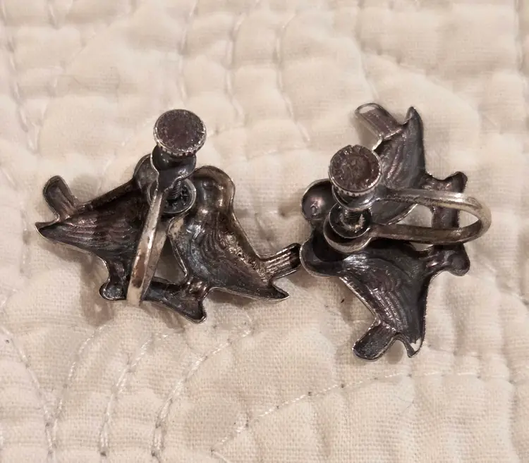 Vintage Sterling Silver Kissing Lovebird Screwback Earrings