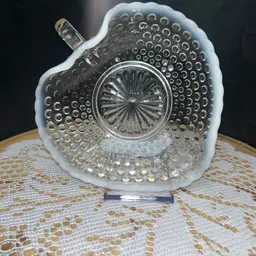Anchor Hocking Moonstone Blue-White Opalescent Hobnail Heart Shape Bonbon Dish With Handle