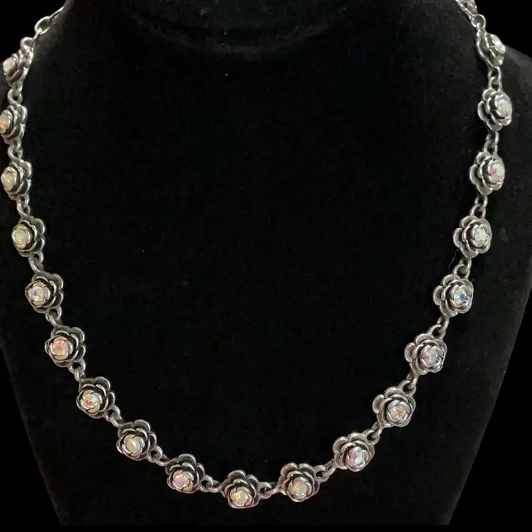 Retired Silvertone Premier Design Flower Chain  Necklace With Irridesent Glass Rhinestones