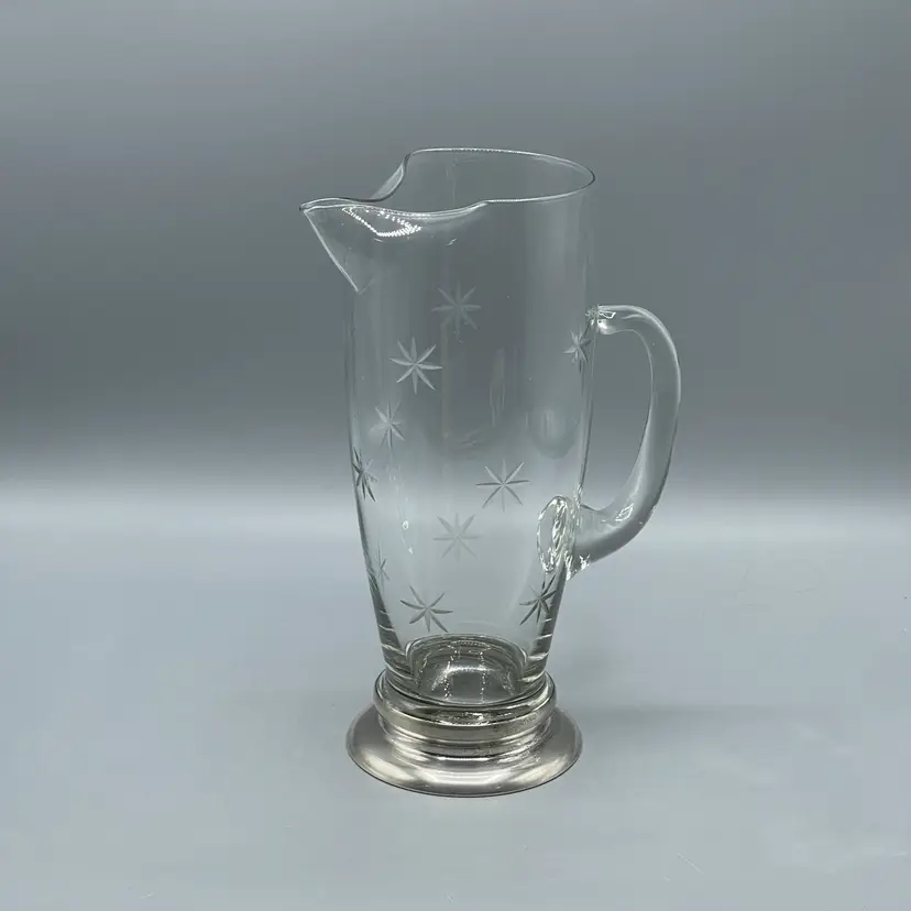 Vintage Clear Starburst Cut Glass Sterling Silver Base Pitcher MCM