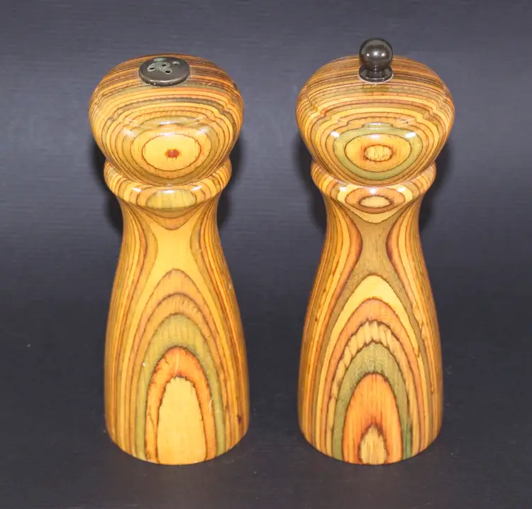 Vintage Mr. Dudley Wood Rainbow Salt Shaker and Pepper Grinder Set 7"