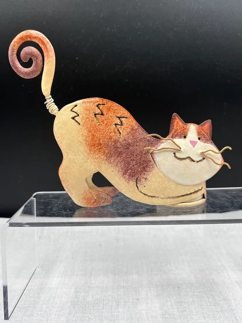 Vintage Orange Metal Cat Tea Light Holder