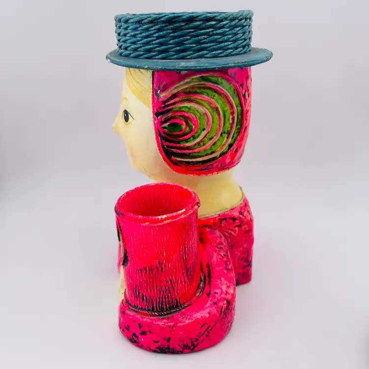 Amazing Vintage 1960s Collegiate Japan Paper Mache Mod Girl Makeup Holder Desk Caddy 6.5”