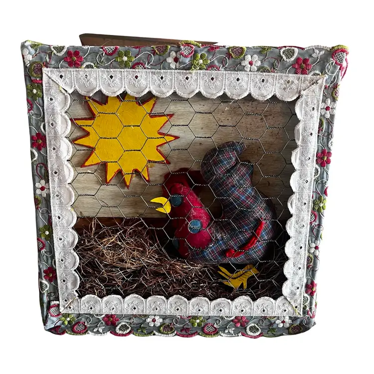 Vintage Chicken Hen Fabric Wire Wall Art Funny Silly Farmhouse Country Decor