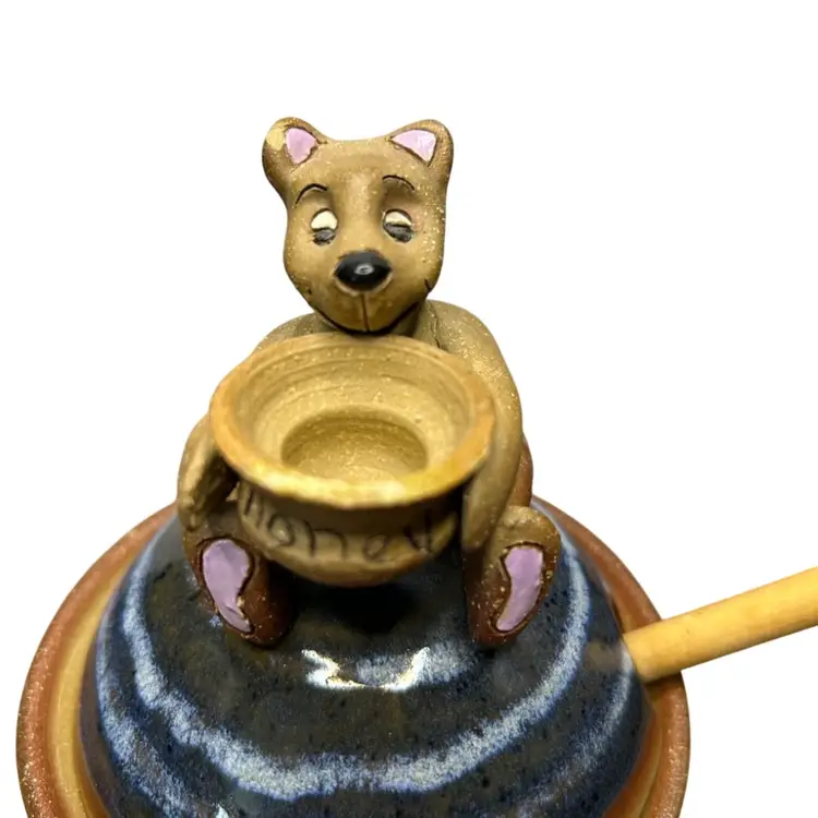 Glazed Blue Applied Bear Honey Pot With Utensil “As Is” Repair Done To Arm On Bear “As Is”