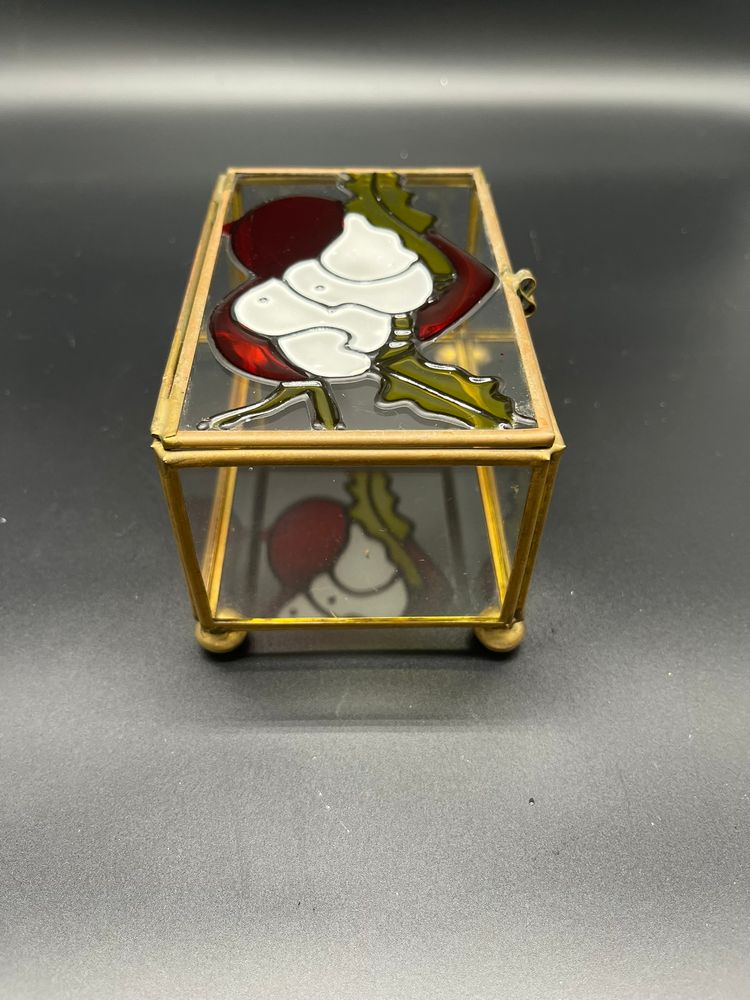 Vintage Brass & Stained-Glass Jewelry Box with Doves & Heart