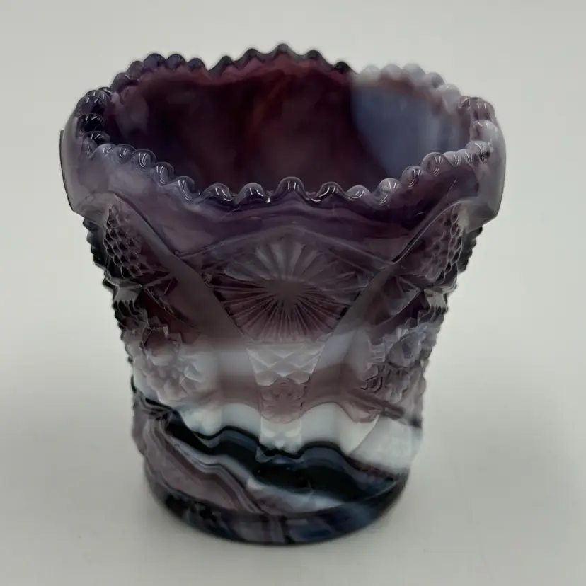 Vintage Imperial Glass Bellaire Amethyst Purple White Swirl Slag Toothpick Holder.