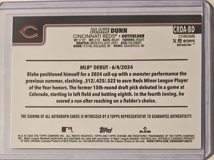 2025 Topps Chrome Update Rookie Debut Refractor RC Auto Blake Dunn 213/499