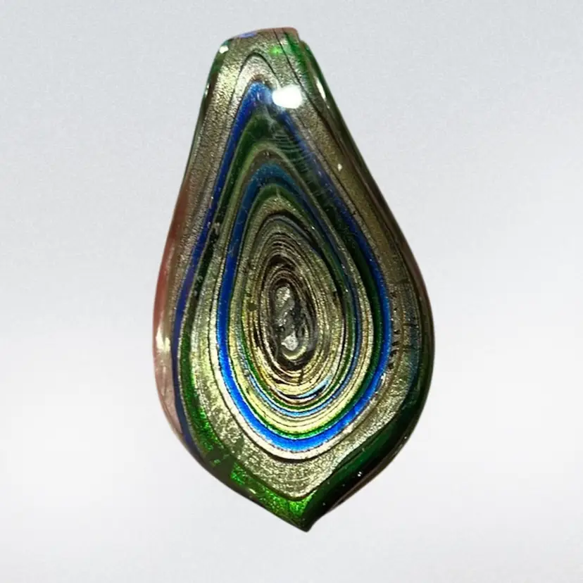 Green Art Glass Pendant w/ Blue & Gold Swirls | 2.25”
