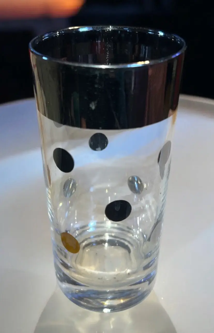 VTG MCM Dorothy Thorpe Style Silver Rim POLKA DOT Cocktail Glasses BARWARE 5 1/2
