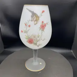 #0523 Vintage Glass Large White Birds Flowers Satin Finish Bristol Glass 11 inch