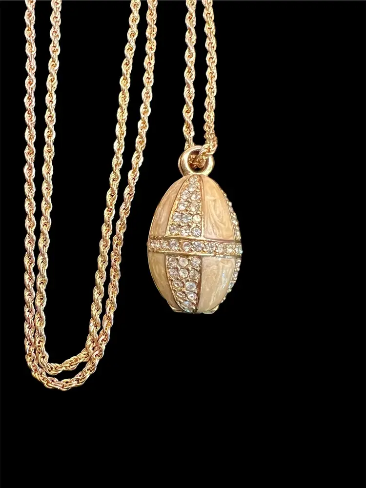 Vintage Butterscotch Enamel SWAROVSKI Goldtone & Crystal Egg Pendant Necklace