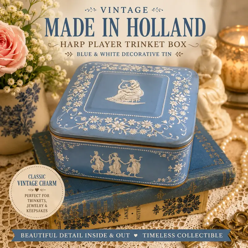 Vintage Made in Holland Blue & White Hinged Metal Tin Trinket Box | Harp Player
