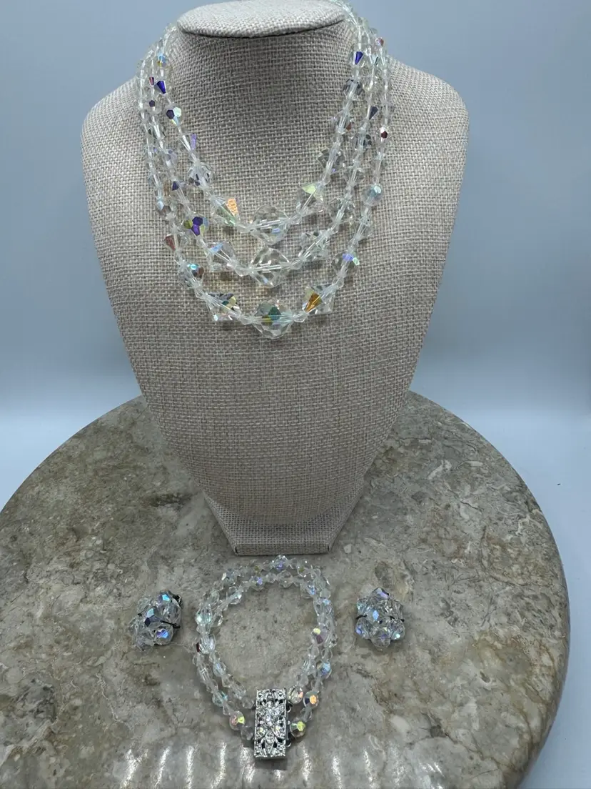 Vintage Aurora Borealis Crystal And Rhinestone Necklace, Bracelet, And Clip On Earrings Set