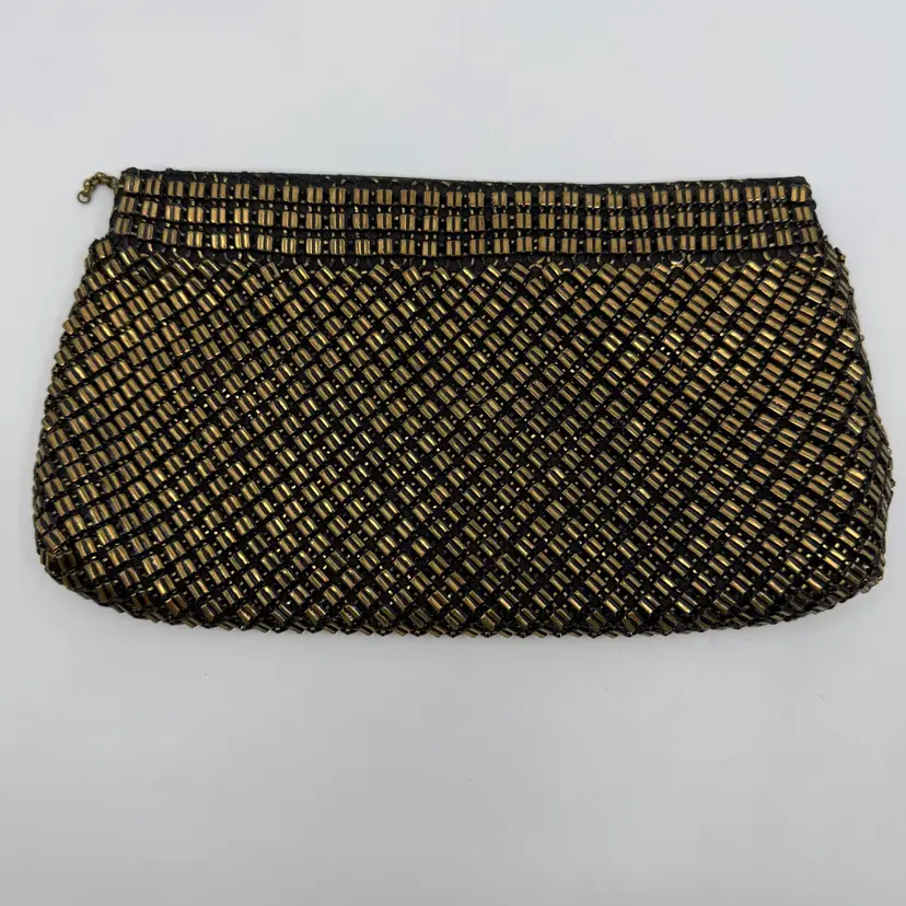 Vintage Whiting And Davis Metal Mesh Black & Gold Clutch Purse