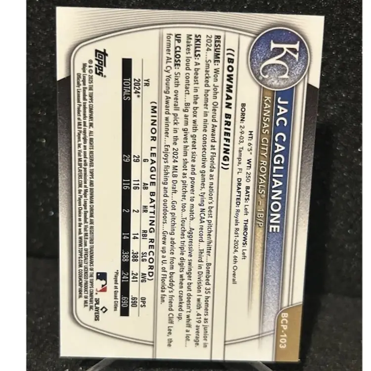 Jac Caglianone 2025 Bowman Chrome Aqua Shimmer Parallel /125 Royals BCP-103