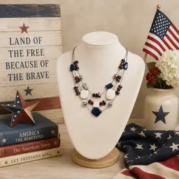 Vintage Red White & Blue Patriotic Statement Necklace – 24” Three Strand Beaded Americana Jewelry