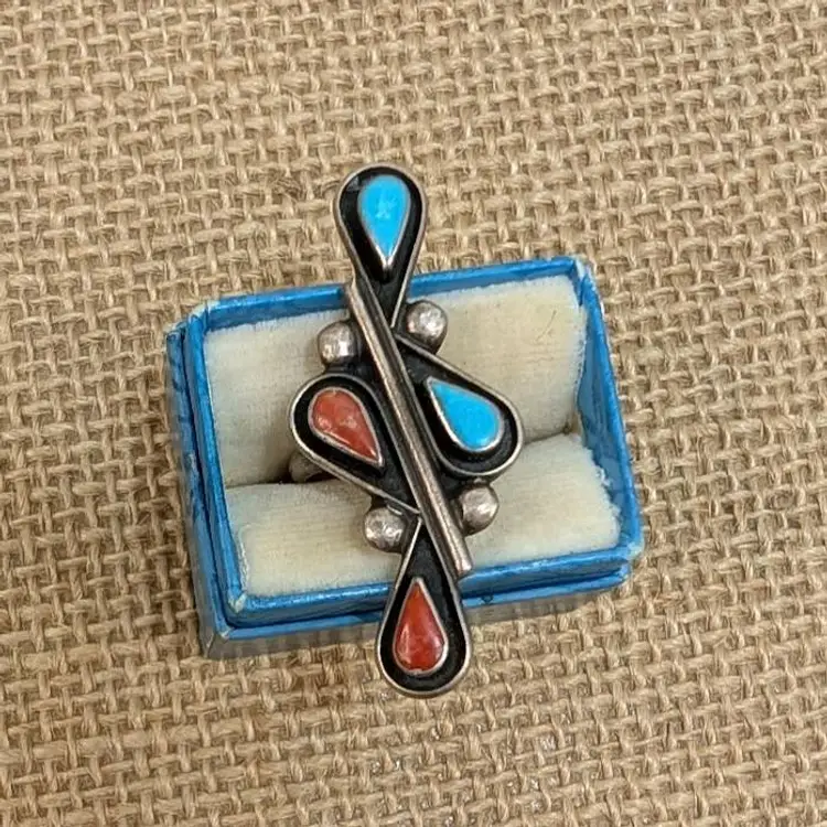 Vintage Signed Native Turquoise and Coral Long Sterling Silver Ring Size 4.5