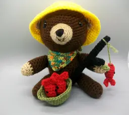 Crochet Amigurumi Fisherman Teddy Bear with Basket of Fish and Fishing Rod/Pole