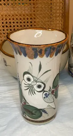#01 Tonala vase with Owl, signed Ken Edward’s, 6 1/2” tall, 4” across rim, beautiful painting all the way around.
