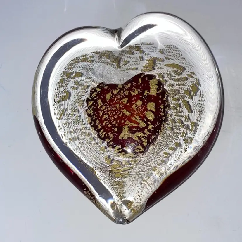 Vintage Signed Glass Heart Paperweight! With A Vibrant Red Center And Gold Flecks! 4”x3 1/2”!