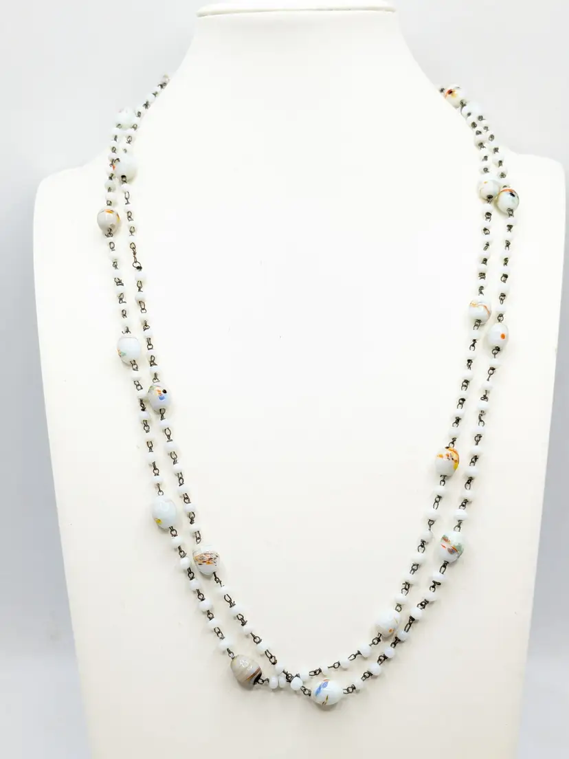 Vintage Italian Lampwork White Glass Confetti Bead Necklace