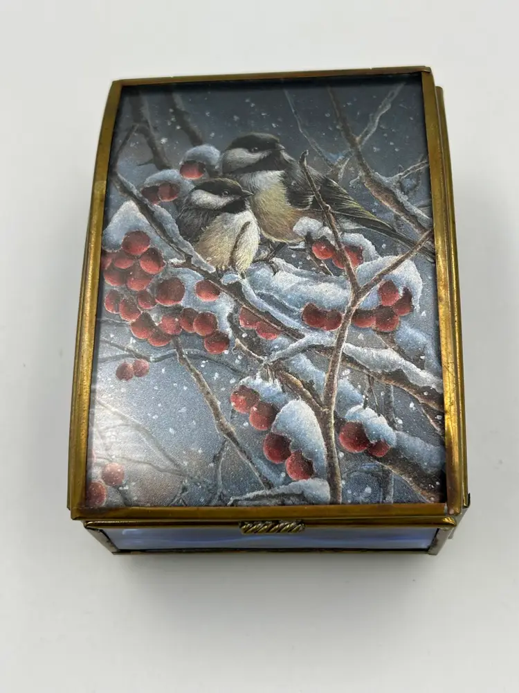 Vintage Wind Up Music Box Enesco Plays White Christmas Birds, Berries, Foil, Mexico