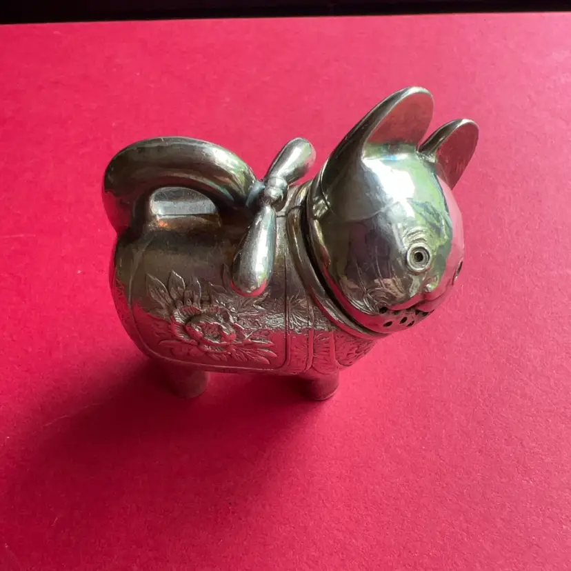 Vintage Japanese Miniature Silver Plate Or White Copper Cat Salt Shaker