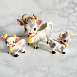 Vintage Anthropomorphic Elsie Purple Cows Salt & Pepper Shakers & Creamer Yellow Horns - AS IS