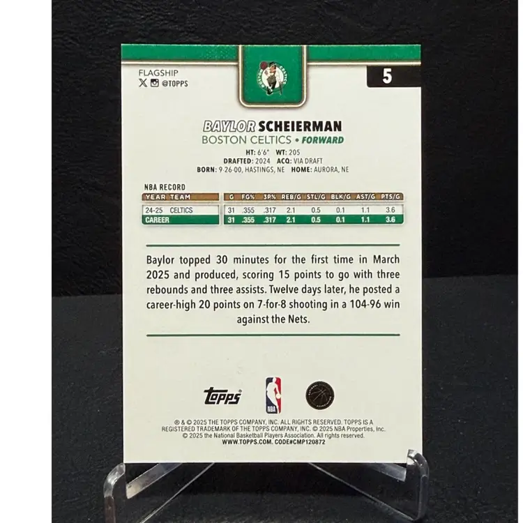 Baylor Scheierman 2025-26 Topps Silver Sand Glitter #5 Boston Celtics