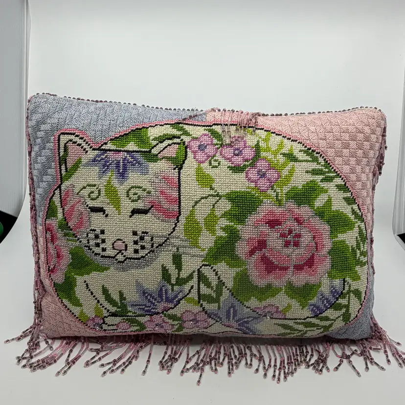 Handmade Needlepoint Accent Pillow Cat W Florals Beaded Fringe Purple Velvet 14”