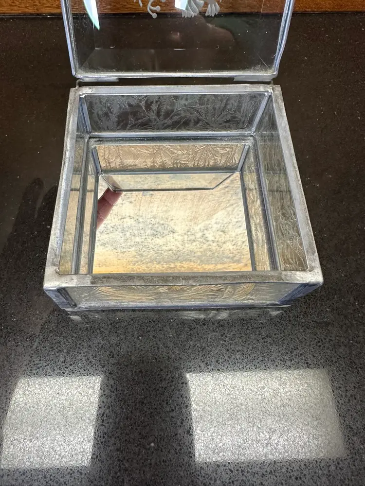 Beveled Glass Mirror Trinket Box With Bird Etching