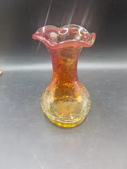 Vintage Crackle Glass Amberina Vase With Base UV Reactive Glow 4.5" Tall