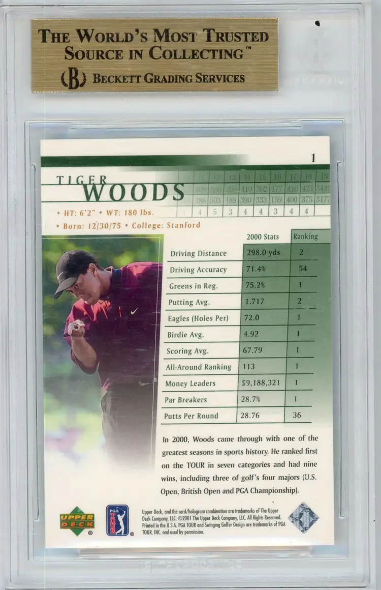 2001 Upper Deck TIGER WOODS RC Rookie #1 GOLF BGS 9.5 GEM MT