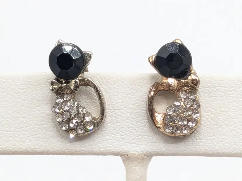 Fancy Black Cat Pierced Earrings with Bowtie and Rhinestones READ