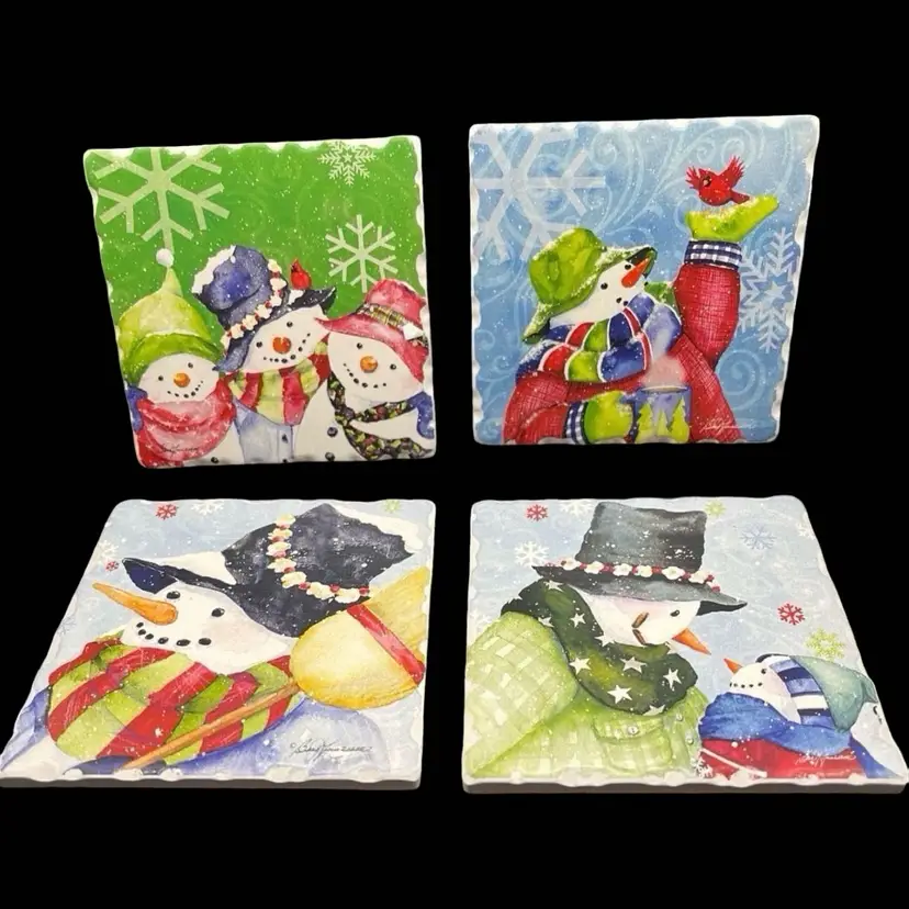 Snowman Absorbent Stone Coasters Holiday Christmas 4 In Package.