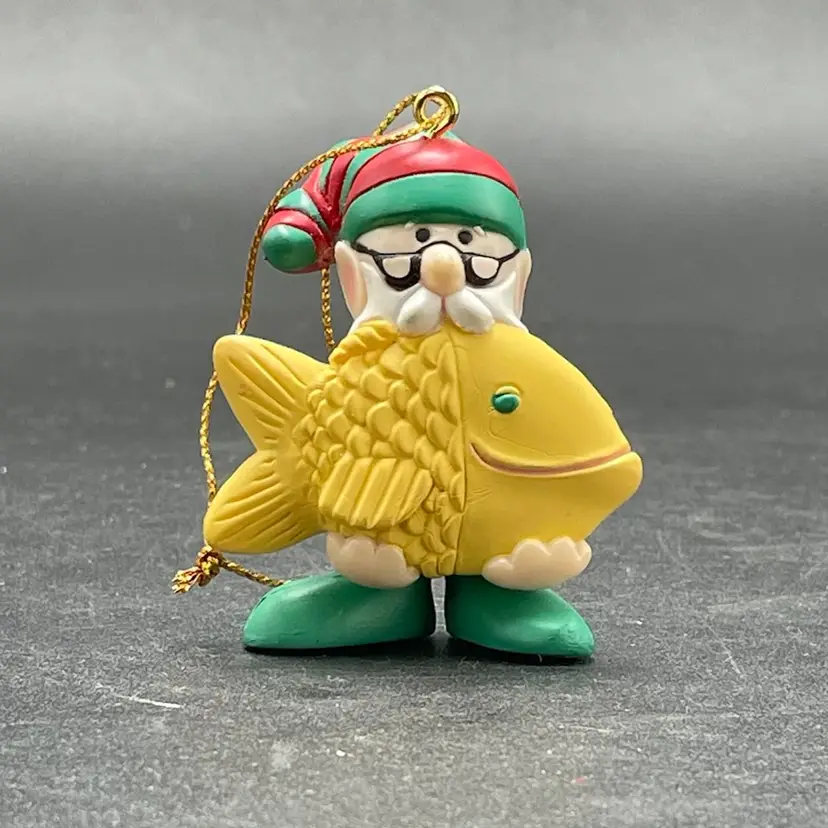 Avon Elves Day Off Hanging Christmas Ornament Fishing Fish Vintage Holiday Decor