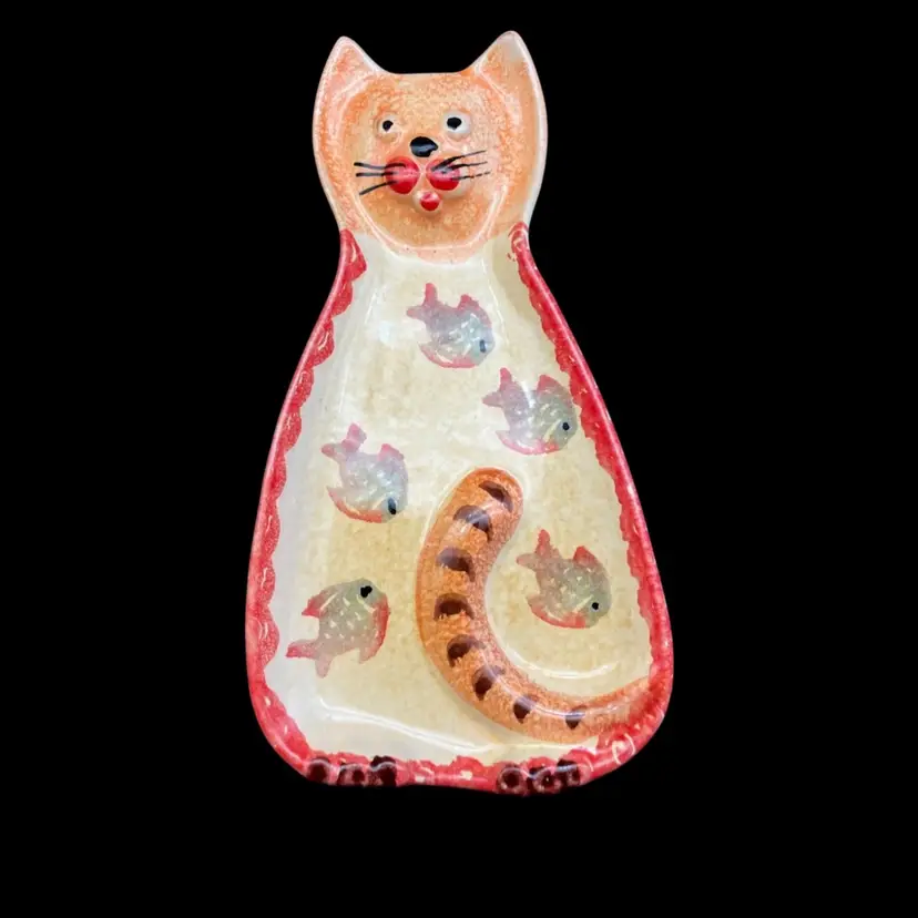 BIN - Large Orange And Yellow Cat With Fish Trinket Tray Made In Italy 10”