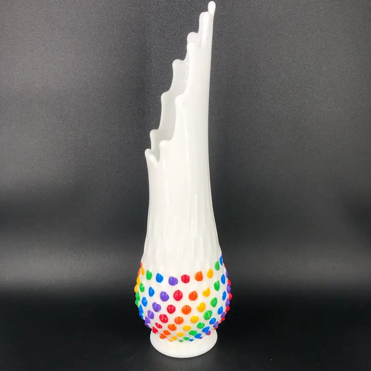 Vintage Fenton Hand-Painted Rainbow Hobnail Milk Glass Swung Glass Vase