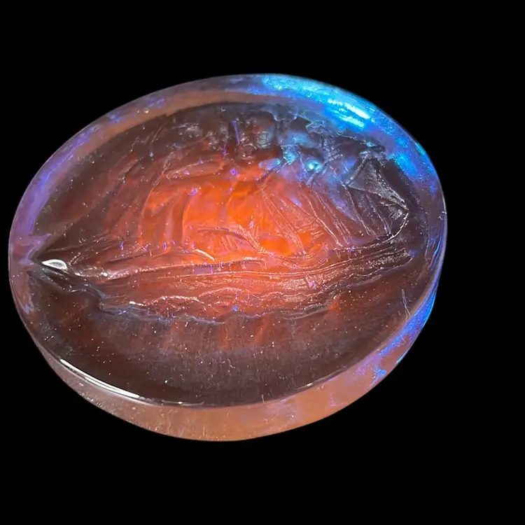 Wilkerson Glass Ship Paperweight - Glows Orange Using 365UV Light: 3.75”x1”x3.75”