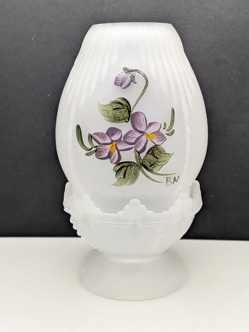 Vintage Hand Painted Initialed Purple Pansies Frosted Satin Glass 2pc Fairy Lamp Fairy Light Glimmer Light Courting Lamp LENOX CONFEDERATE GLASS