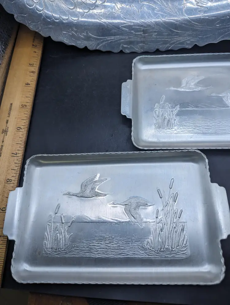 Vintage Hammered Aluminum Serving Tray Set With Floral And Wildlife Designs