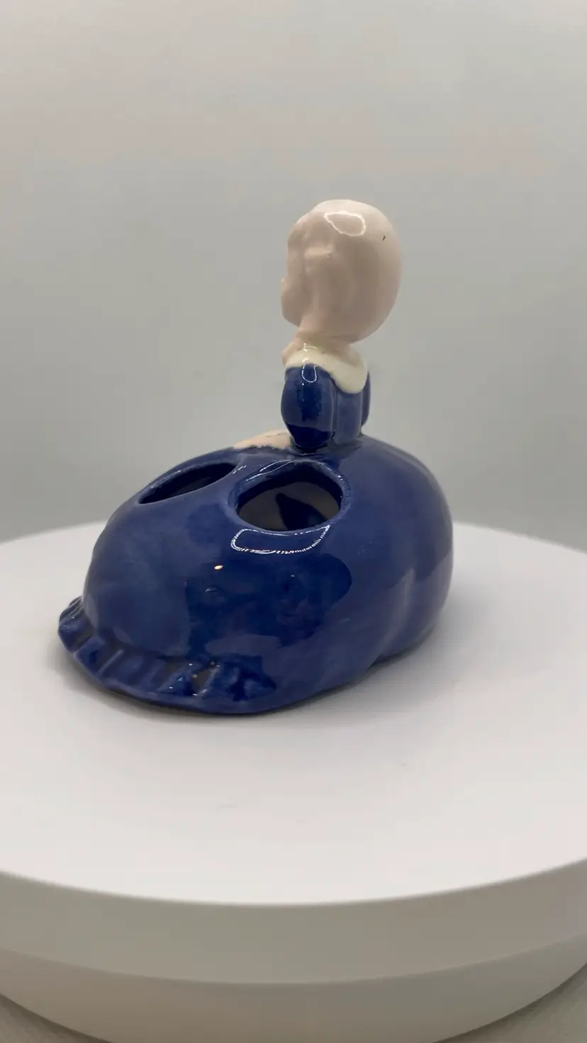 Vintage 1960's Hobbyist Ceramic Girl Lipstick Holder Blue Dress MCM Vanity Decor
