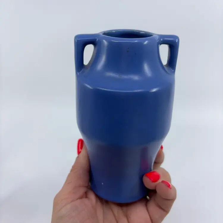 Vintage Blue Pottery Double Handle Vase 5”