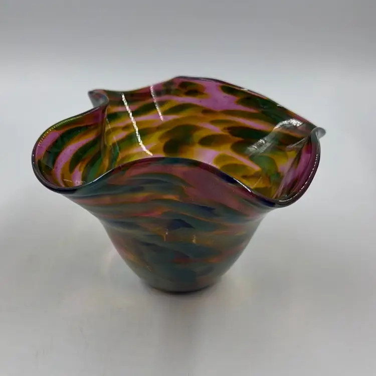 Vintage Glass Eye Studio Ruffled Bowl/Vase With Multi Colored Glass Confetti Design Greens, Purple. Signed John Sullivan 1993