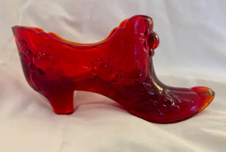 Vintage Cabbage Rose Red  Fenton Glass Mini Shoe
