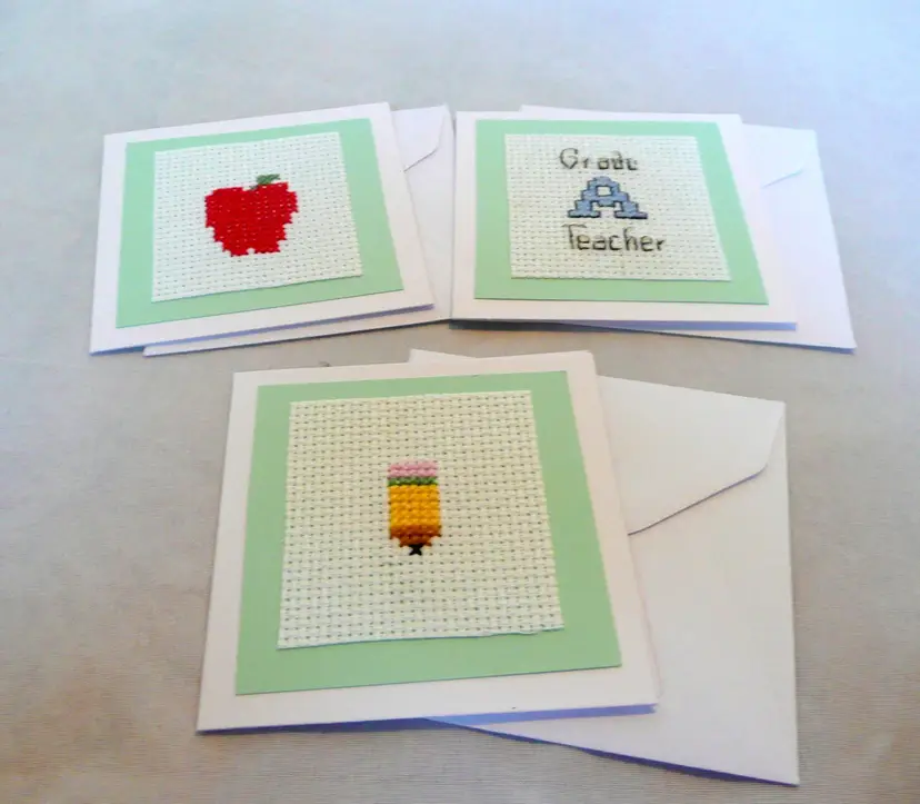 3 Teacher School Theme Cross Stitch Blank Gift Tags Note Cards-Pencil Apple Grade A Teacher 3.25" x 3.25"