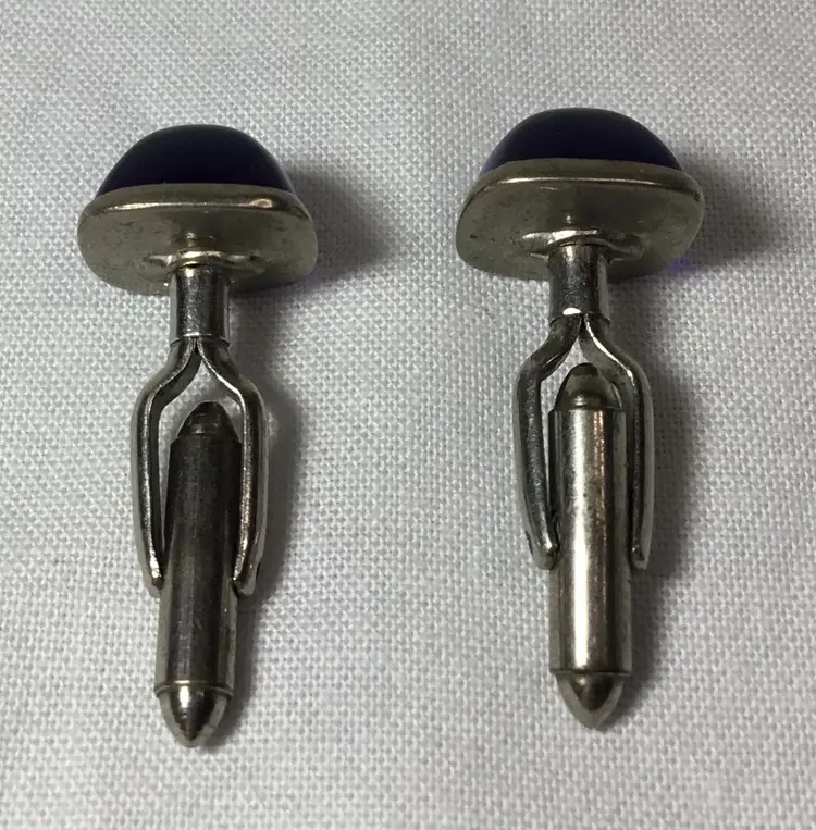 Cufflinks, MCM, silver tone bullet backs, blue lucite cabochons, vintage