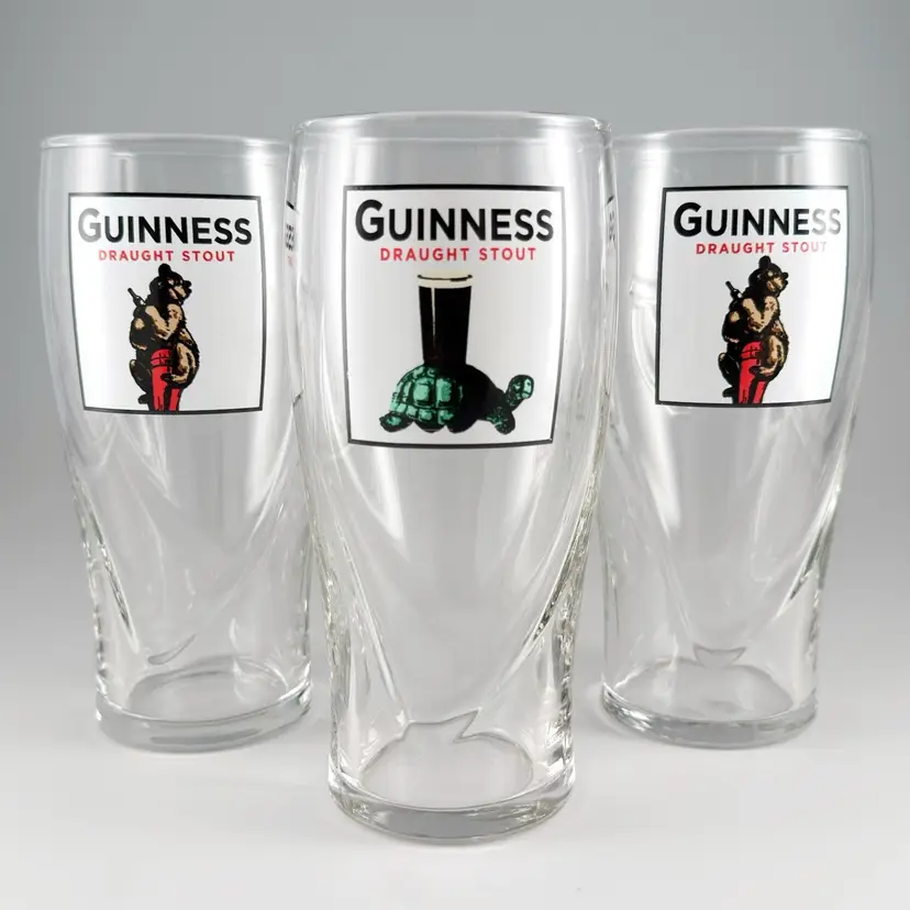 3 Guinness Gilroy Tortoise & Bear Tulip Pint Glasses, Irish Stout Drought Beer, Bar Pub 20oz